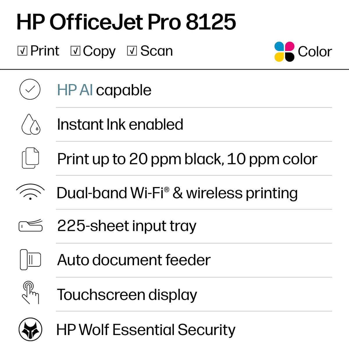 HP OfficeJet Pro 8125 Wireless All-in-One Color Inkjet Printer, Print, Scan, Copy, ADF, Duplex Printing Best-for-Home Office, 3 Month Trial of