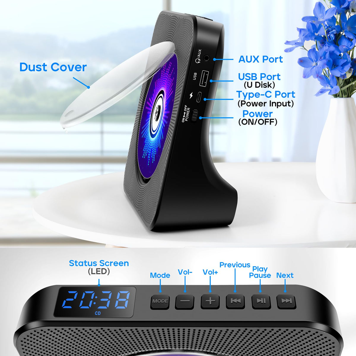 Portable CD Player with Bluetooth, Hi-Fi Speakers & FM Radio