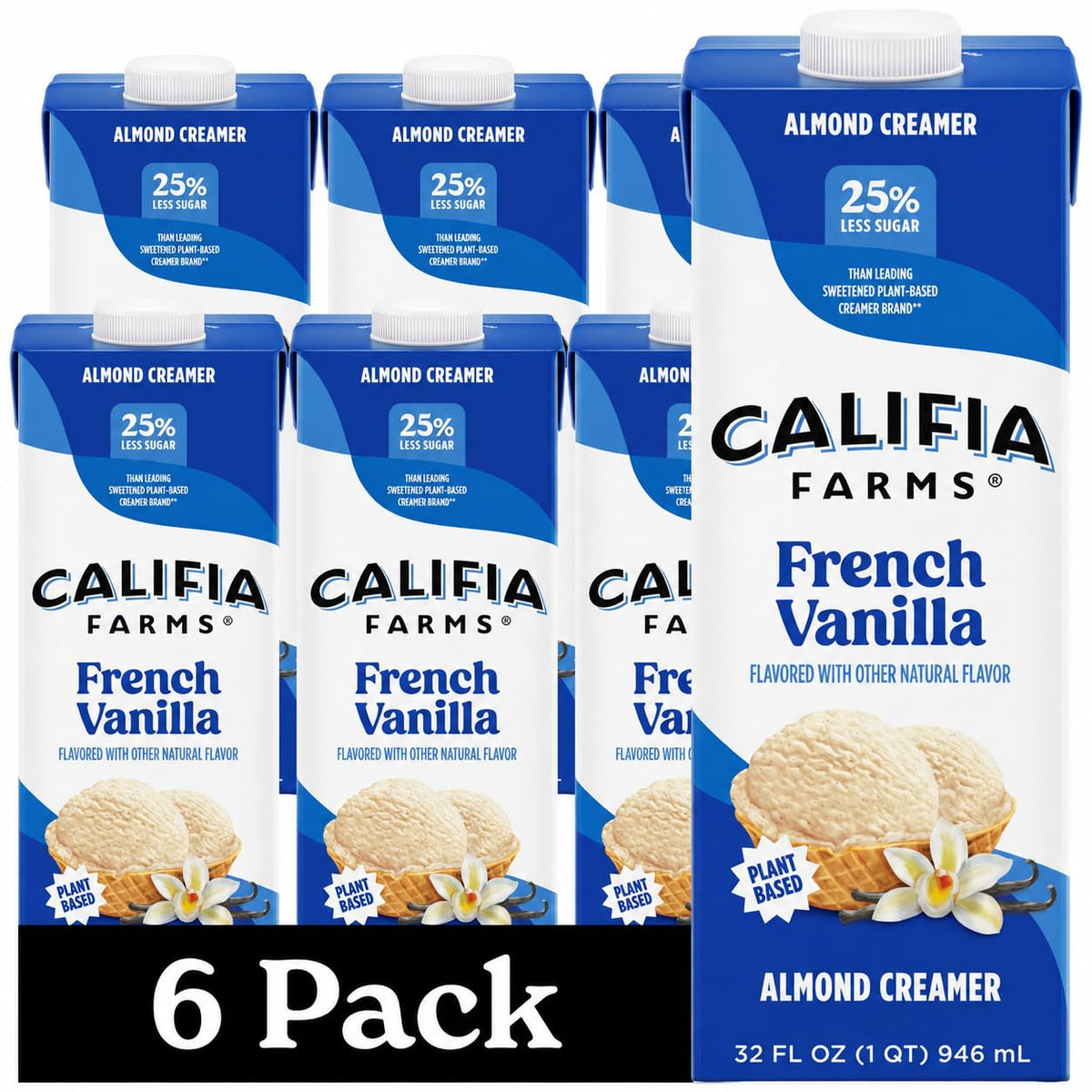 Califia Farms - French Vanilla Almond Milk Coffee Creamer, 32 Oz (Pack of 6), Shelf Stable, Dairy Free, Plant Based, Vegan, Gluten Free, Non GMO
