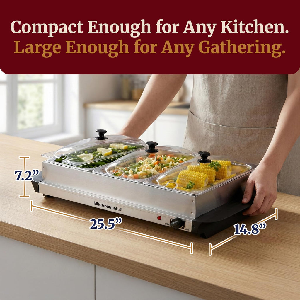 Elite Gourmet 7.5 Qt Triple Buffet Server & Food Warmer, 3 x 2.5 Qt Trays