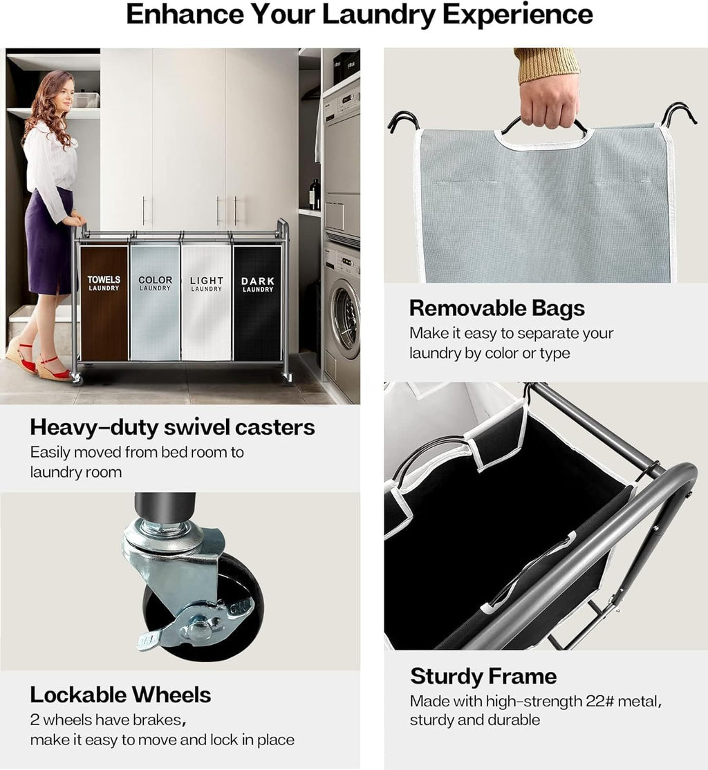 Laundry Hamper Sorter Cart, 4-Section Organizer with Lockable Wheels