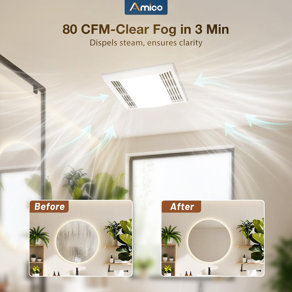 Amico Bathroom Exhaust Fan with LED Light, 80 CFM, 0.9 Sones, 90 CRI, White