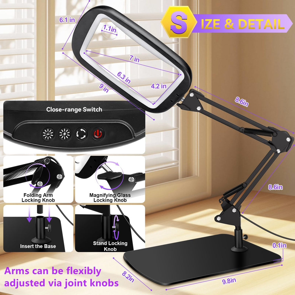 10X 30X Extra Large Magnifying Glass with Light and Stand 7-inch