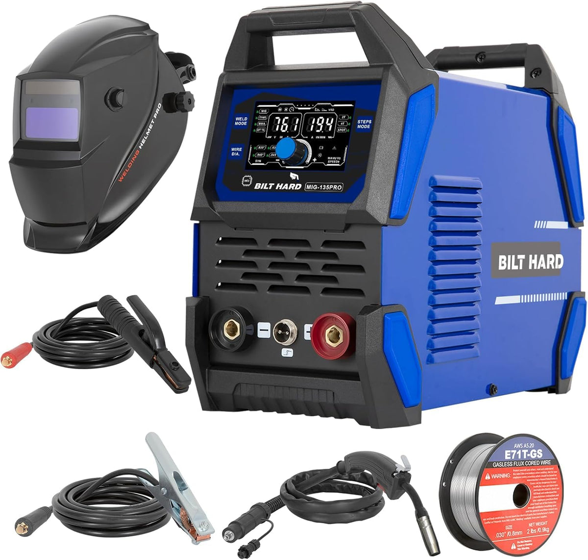 BILT HARD 135A 3-in-1 IGBT Inverter Welder, 110V Flux Core MIG/Lift TIG/Stick Welding Machine with Synergic Control, LED Display, 2T/4T/SPOT Modes &