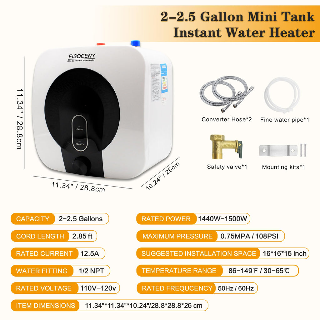 2.5 Gallon Water Heater Under Sink Instant Hot Mini Tank Water Heaters 110V 120V Small Hot Water Heater,1500W Rv Compact Mini Water Heater Kitchen