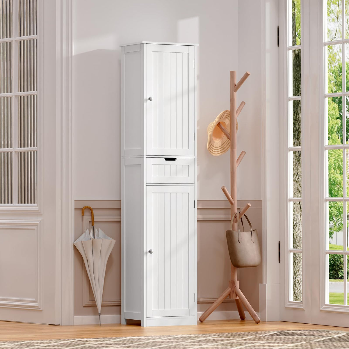 Iwell 66.9" Tall Bathroom Storage Cabinet with 2 Doors & 1 Drawer, Narrow Storage Cabinet with Adjustable Shelves, Floor Cabinet for Bathroom, Living