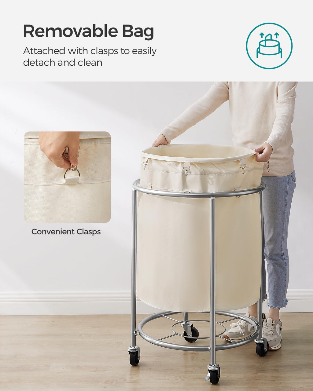 SONGMICS Laundry Basket with Wheels,190L, Steel Frame, Removable Bag