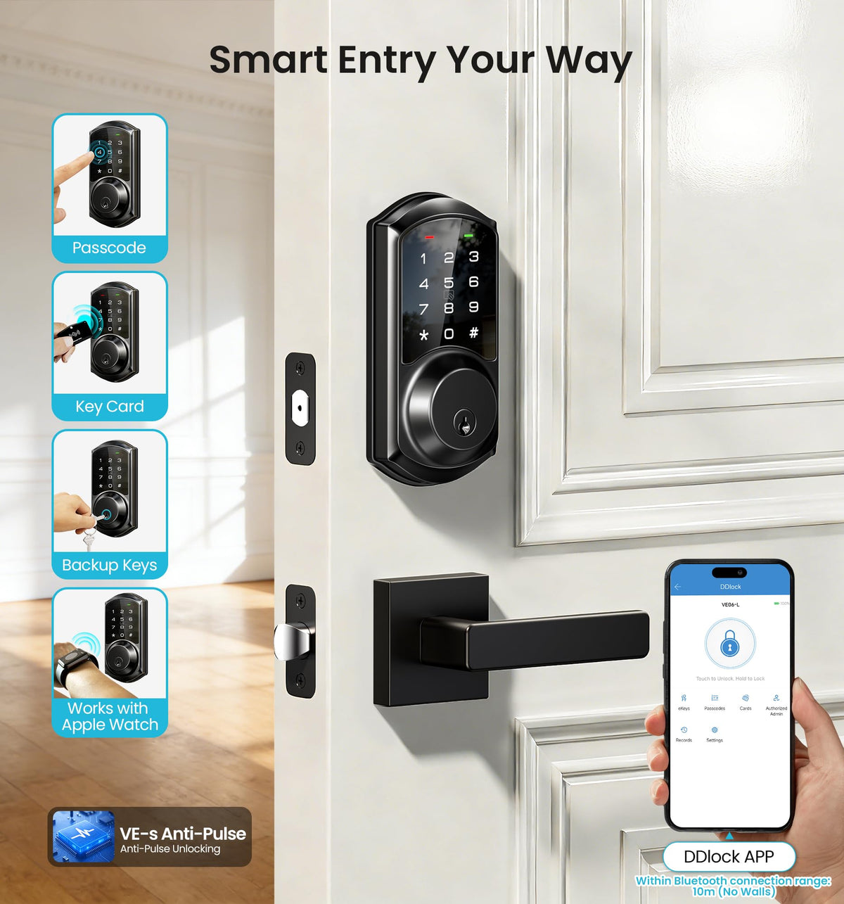 Veise VE06-L Smart Deadbolt Lock with 2 Lever Handle Set, Matte Black