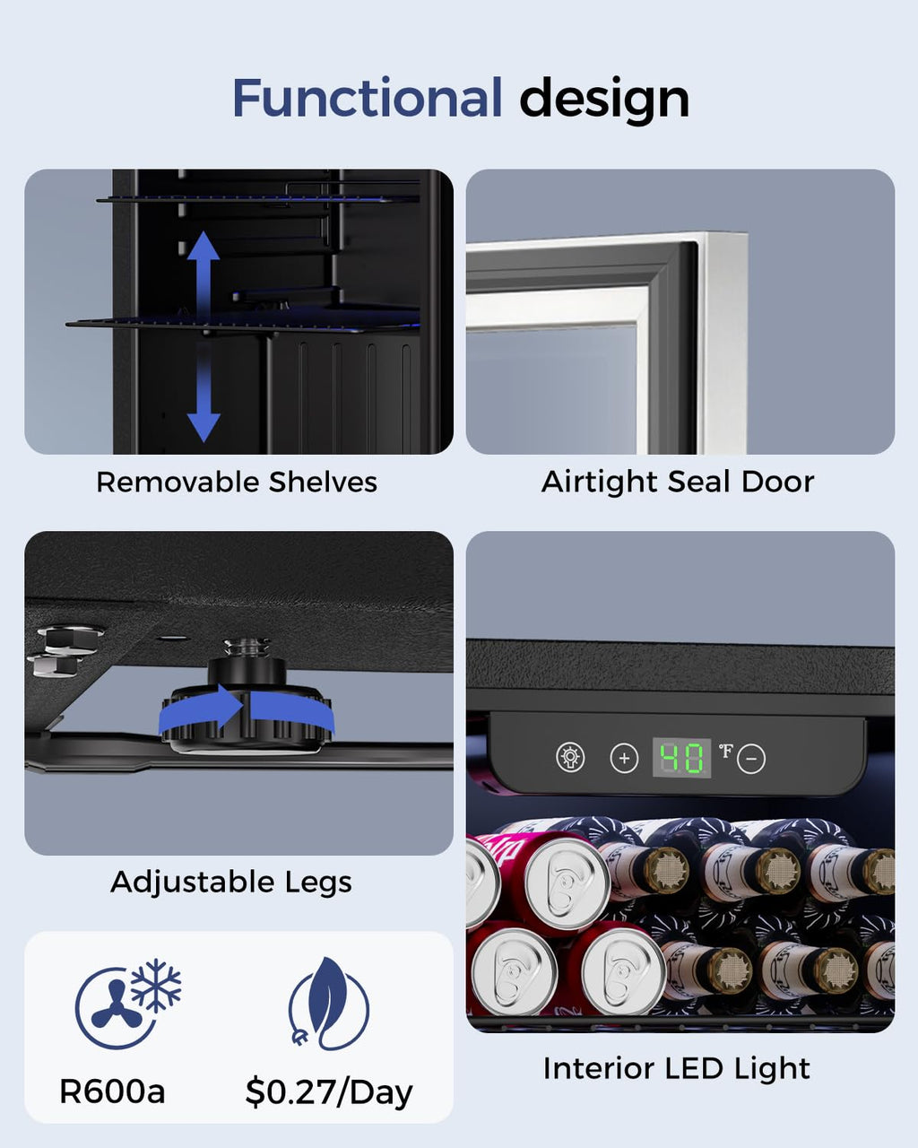 Feelfunn 68 Can Beverage Refrigerator, 1.7CuFt Mini Fridge with Glass Door