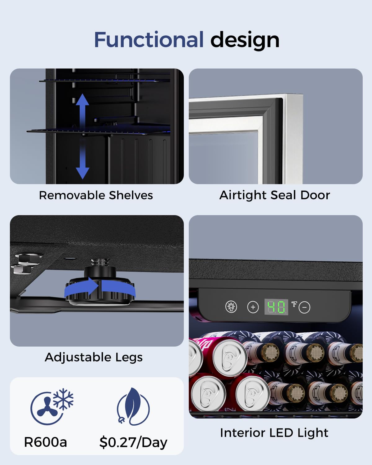 Feelfunn 68 Can Beverage Refrigerator, 1.7CuFt Mini Fridge with Glass Door