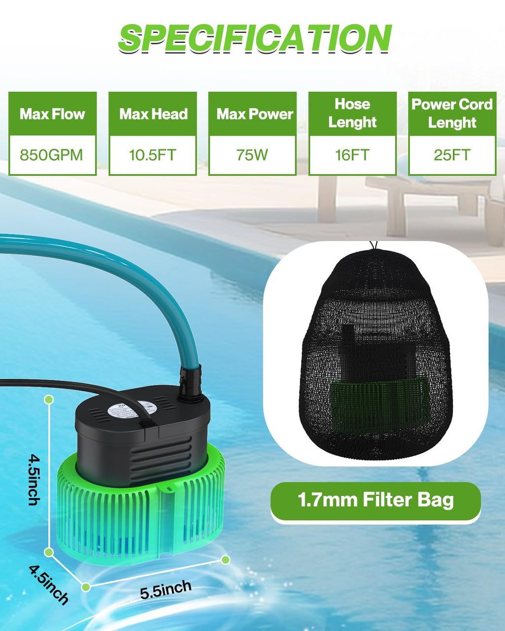 AgiiMan 850GPH Pool Cover Pump, Submersible Sump Pump above Ground