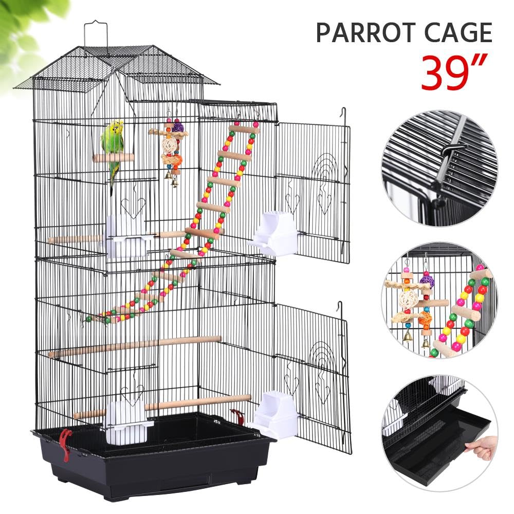 Yaheetech 39" Roof Top Flight Cage with Toys, Wrought Iron Bird Cage for Cockatiels, Conures, Lovebirds, Budgies & Small Birds