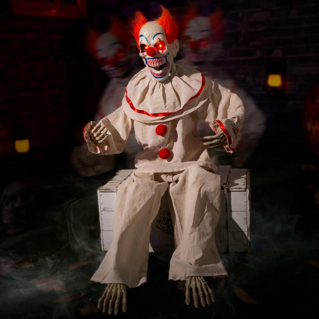 Halloween Animatronic Sitting Clown, Halloween Animated Decorations with Sound Activated, Creepy Sound, Light Up Eyes, Scary Move, Haunted House