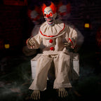 Halloween Animatronic Sitting Clown, Halloween Animated Decorations with Sound Activated, Creepy Sound, Light Up Eyes, Scary Move, Haunted House