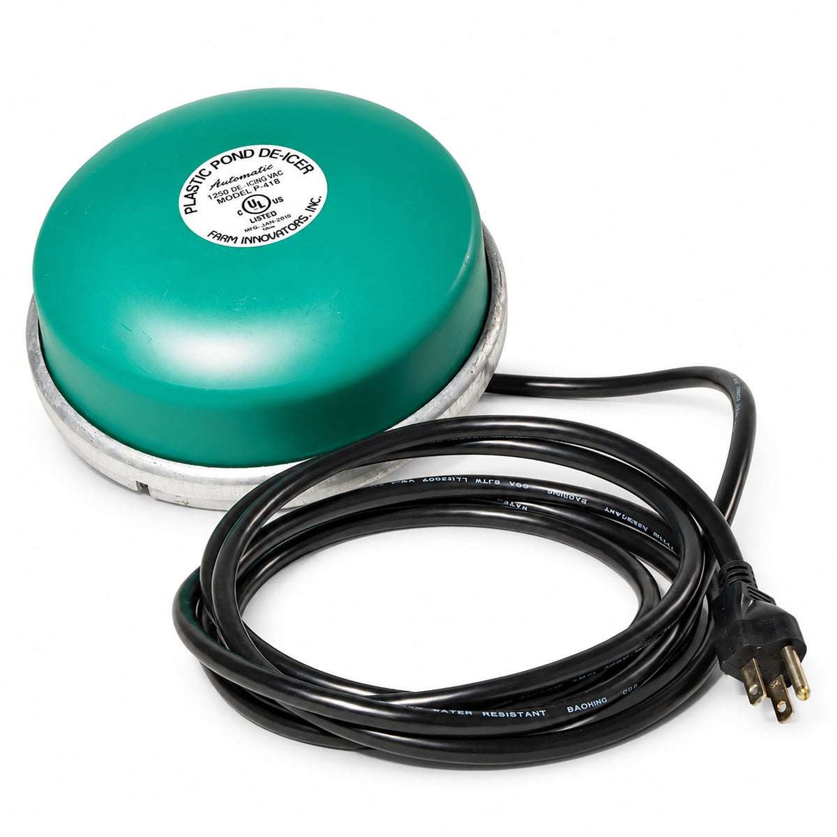 Farm Innovators 1250 Watts 7.5 Inch Cast Aluminum Floating Outdoor Pond De Icer Heater with Built in Thermostat Control and 10 Foot Cord, Green