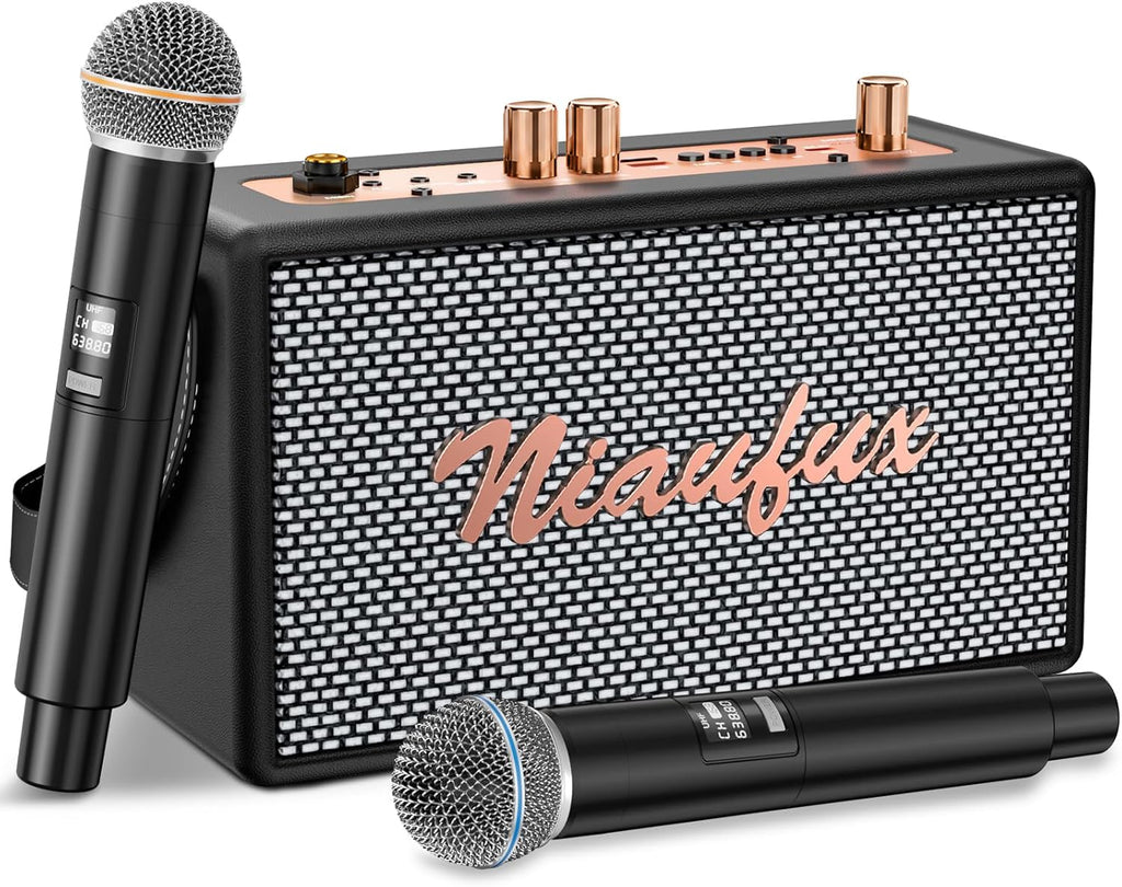 Karaoke Machine, Retro-Design Speaker with 2 Wireless Microphones for Adults & Kids, Portable Karaoke System for Home Party, Bluetooth/AUX/USB/TF/TWS