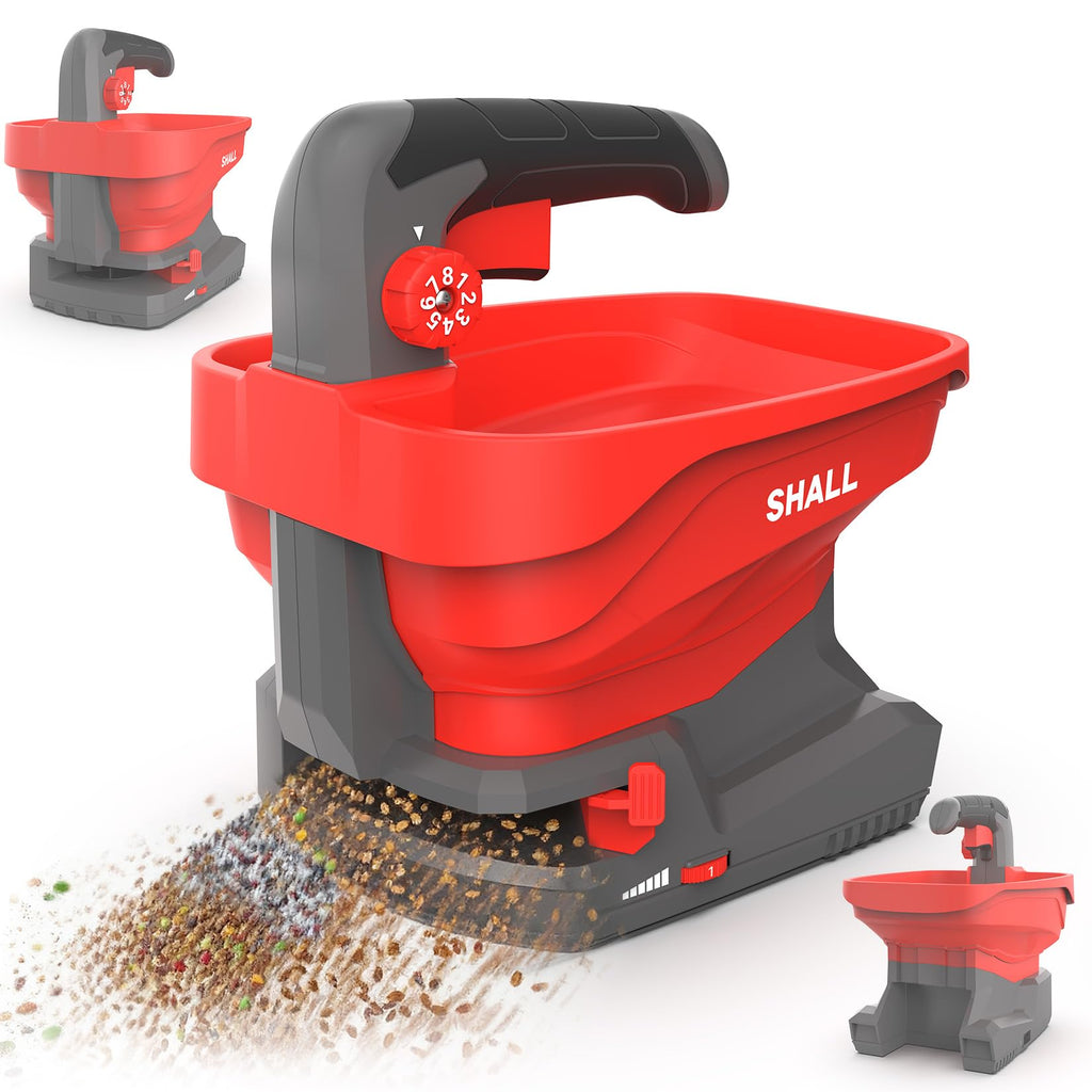 SHALL Battery Powered Fertilizer Spreader, 7.2V Rechargeable Seed Spreader for Salt, De-Icer, Earth Food, Grass Seed, 8-Level Settings and 3.3L Large