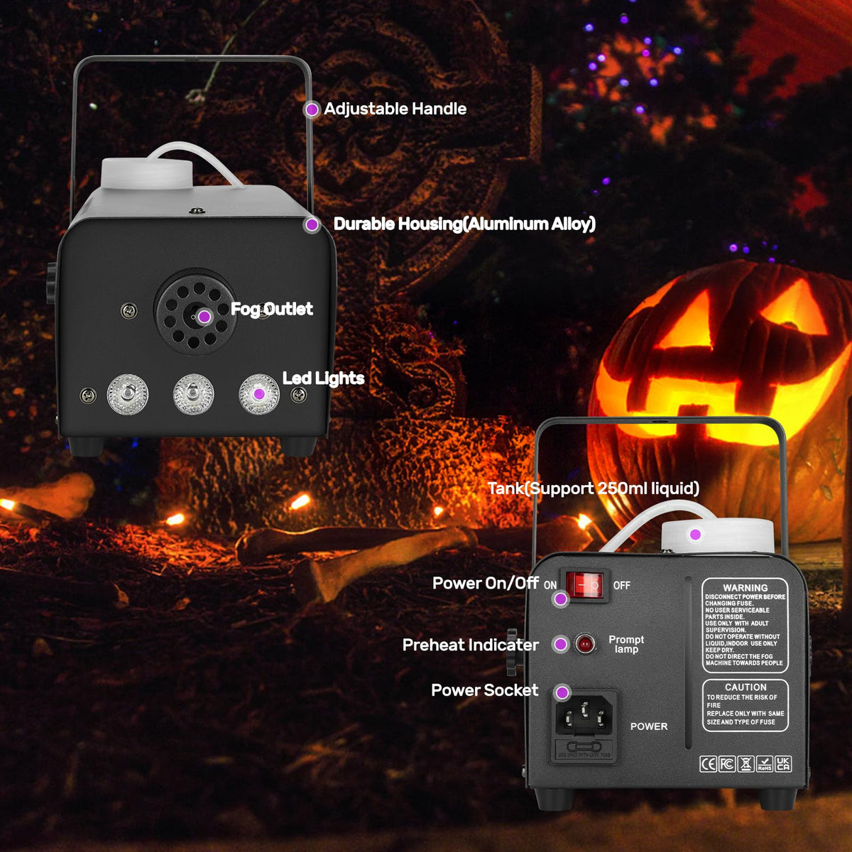 Fog Machine 500W with 14 Color RGB LED Lights and Auto Mode, 2000CFM Smoke Machine Fog with Wireless Remote Control for Parties Indoor Outdoor