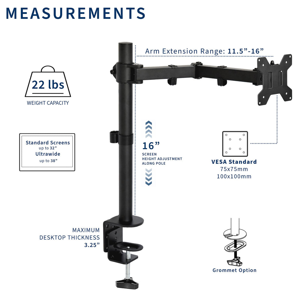 VIVO Single 13 to 38 inch Ultrawide Monitor Arm Desk Mount, Regular Screens up to 32 inches, 22 lbs capacity, Fully Adjustable Stand with C-Clamp and