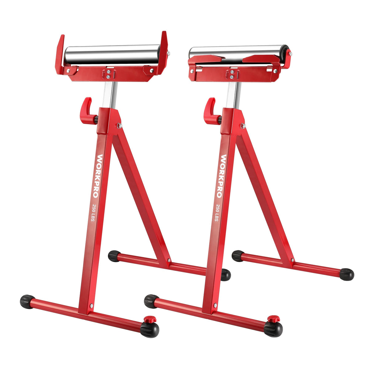 WORKPRO Folding Roller Stand Height Adjustable, Heavy Duty 250 LB Load Capacity, Outfeed Woodworking (Upgraded head), 2PCS
