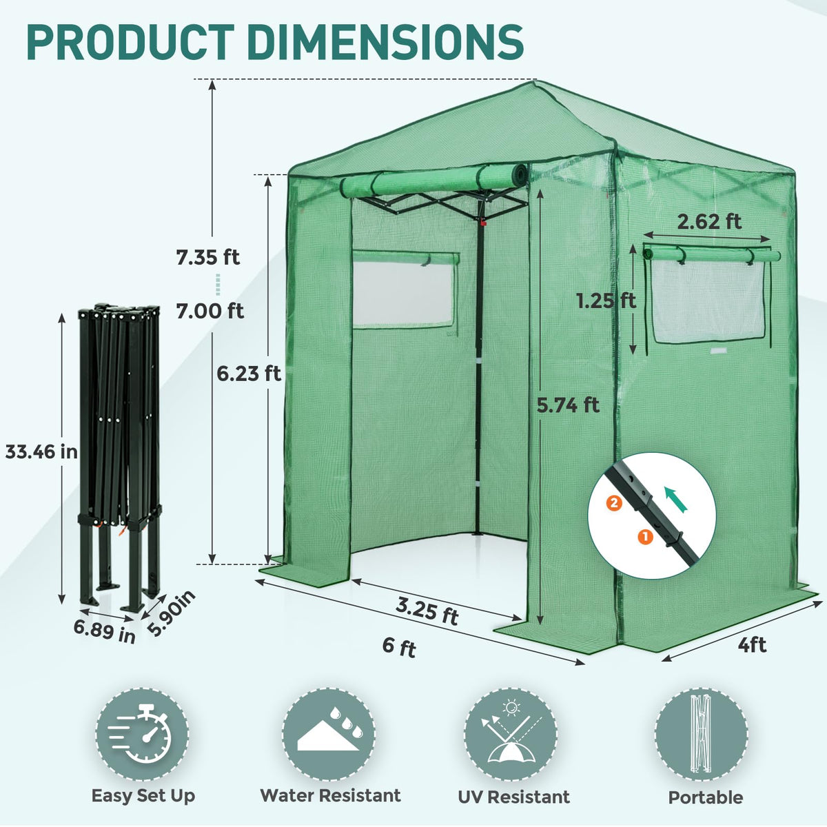 EAGLE PEAK 6x4 Easy Setup Small Pop Up Greenhouse, Clear/Green
