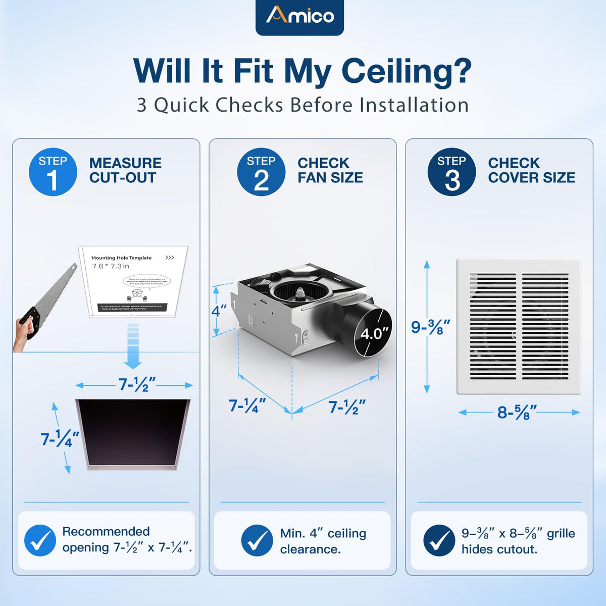 Amico Bathroom Exhaust Fan 2 Pack, 80 CFM, 1.0 Sones - UL Certified