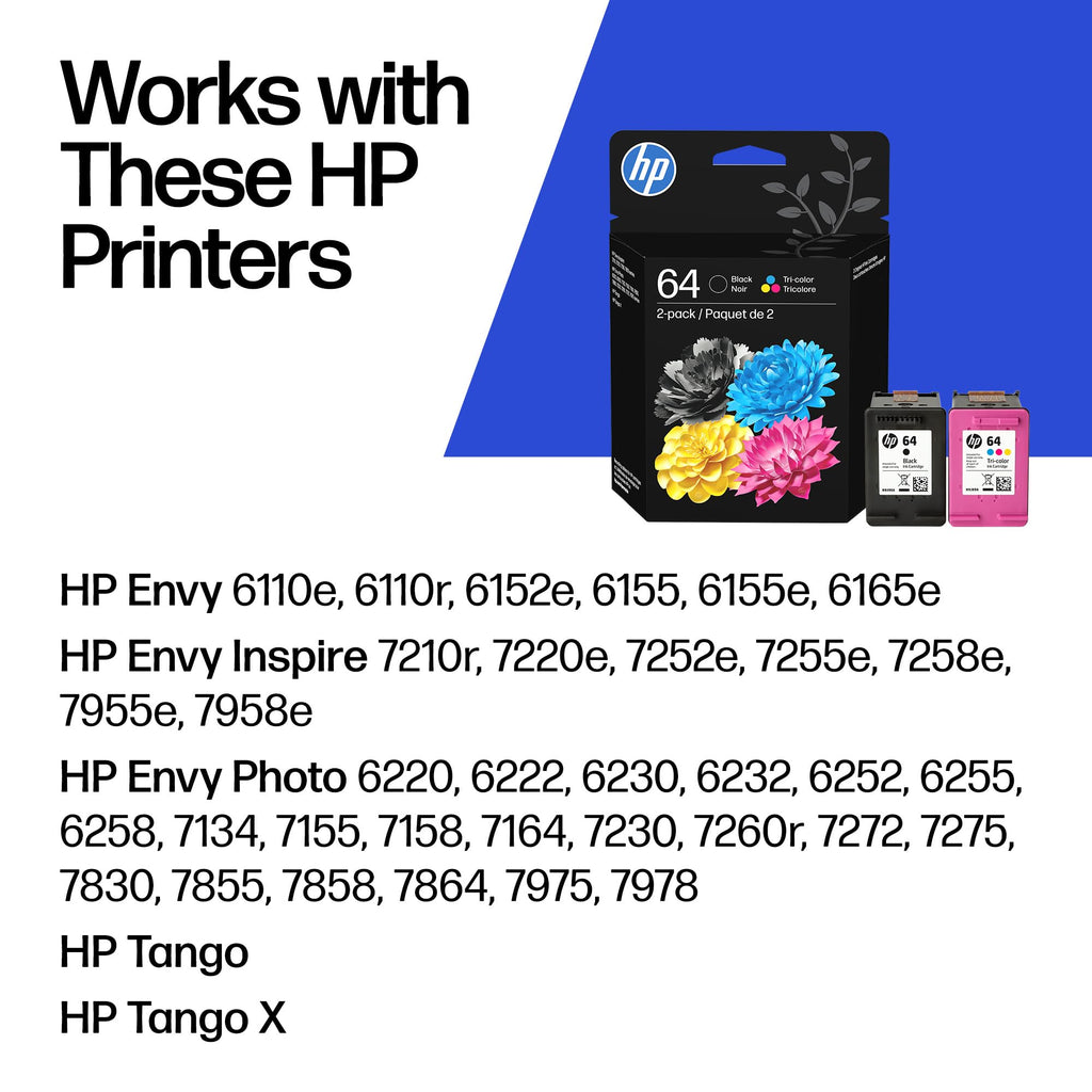 HP 64 Black & Tri-Color Ink Cartridges Printers (Combo Pack) | Works with Printer Series: Inspire 7950e; Envy Photo 6200, 7100, 7800; Tango