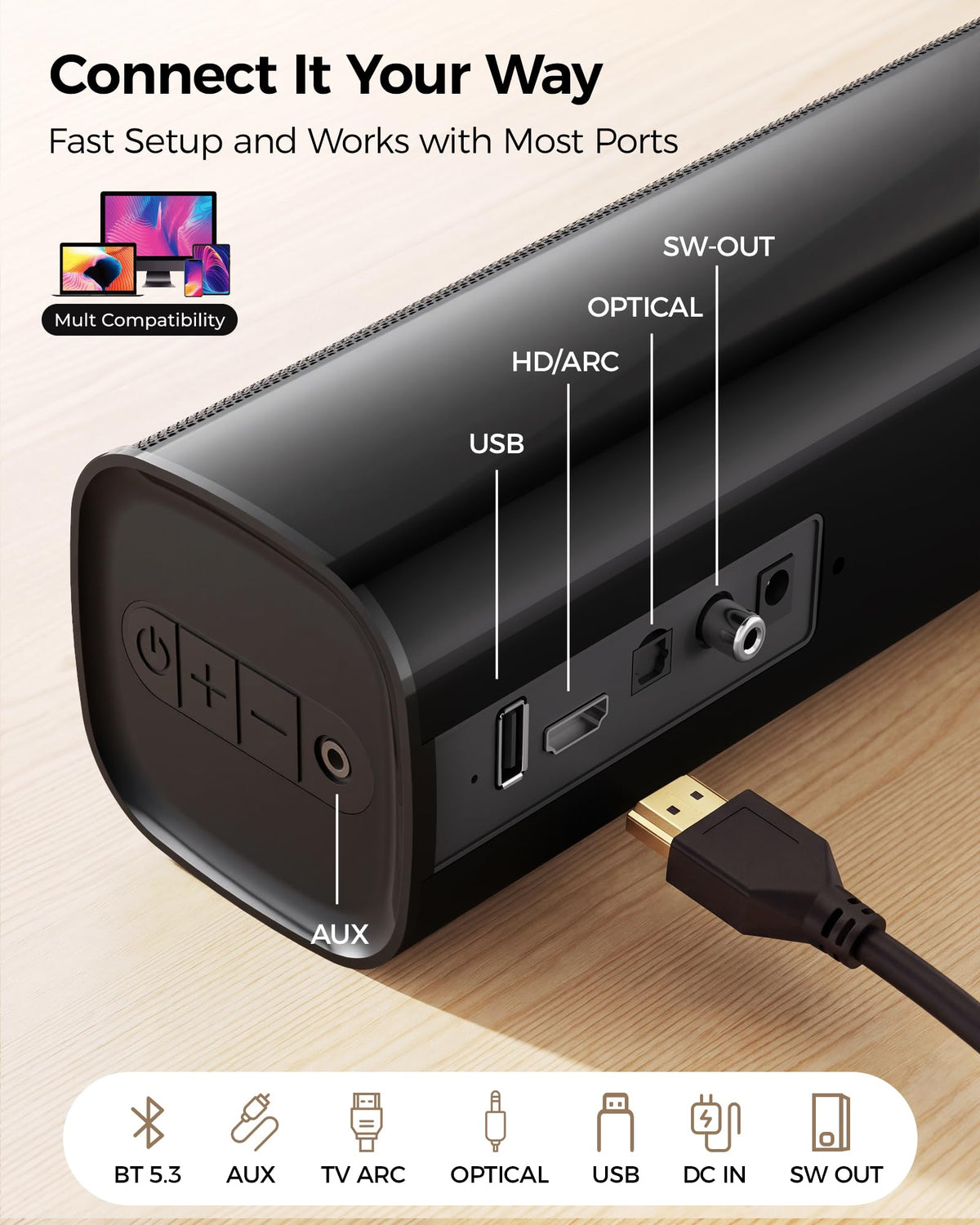 Karaoke Soundbar with Subwoofer for TV and 2 Wireless Microphones