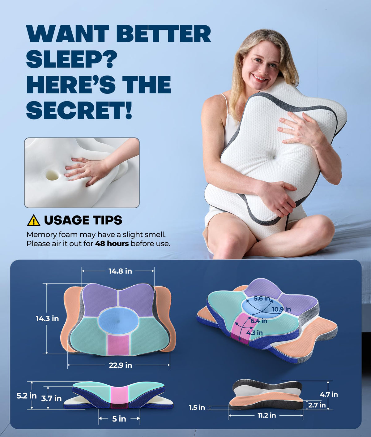 5X Pain Relief Cervical Neck Pillow for Neck Support, Ergonomic Cooling Side Sleeper Pillow for Sleeping, Odorless Contour Memory Foam Pillows