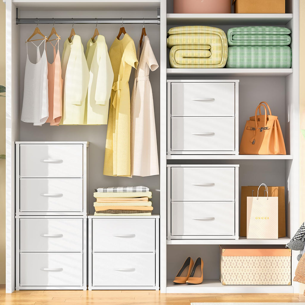 2-Pack Stackable Storage Drawers (4 Drawers Total), White Closet Organizer with Wooden Top & Metal Frame, Freestanding or Stackable Dresser for