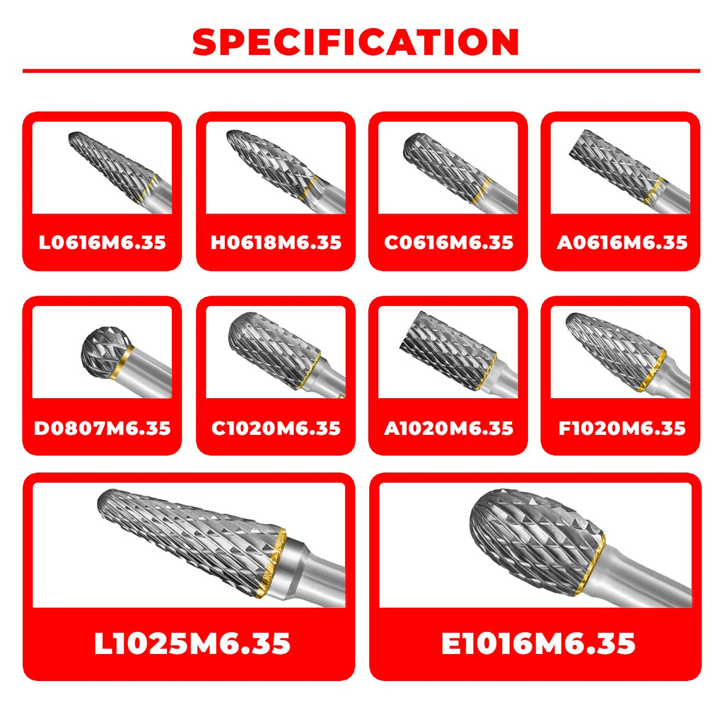 Tungsten Carbide Burr Set 1/4" Shank 10PC Double Cut Rotary Cutting Burrs Die Grinder Bits for Steel and Wood Working, Grinding, Carving, and