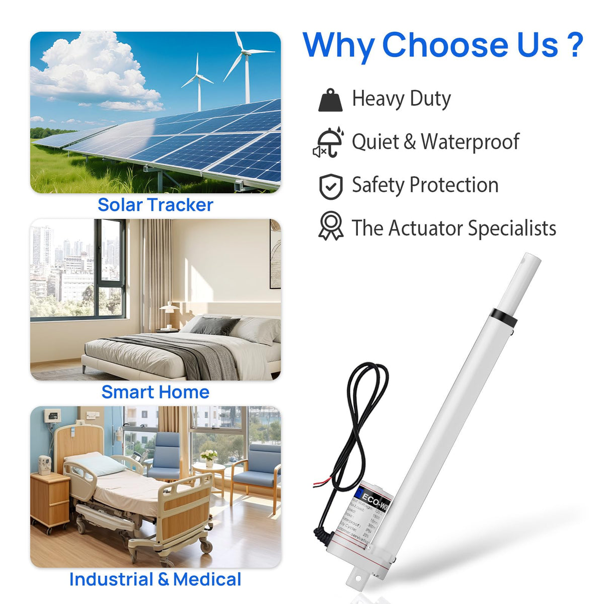 ECO-WORTHY Heavy Duty 330lbs/1500N Solar Tracker Linear Actuator Multi-Functions with Mounting Brackets (12V, 12") IP54 Waterproof 300mm Stroke
