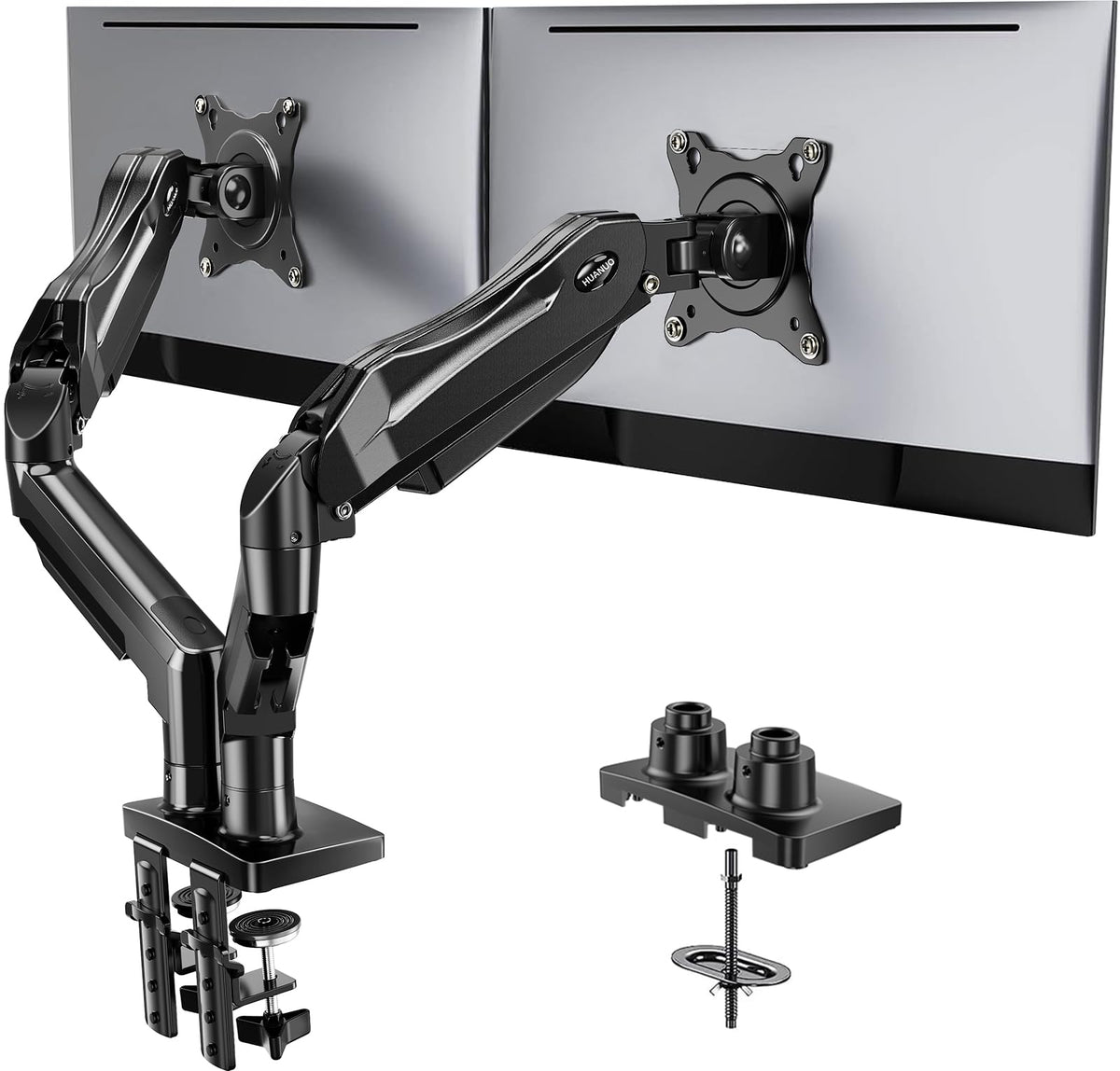 HUANUO FlowLift™ Dual Monitor Stand, Fully Adjustable Gaming Monitor Desk Mount for 13–32″ Computer Screens, Full Motion VESA 75x75/100x100 with C