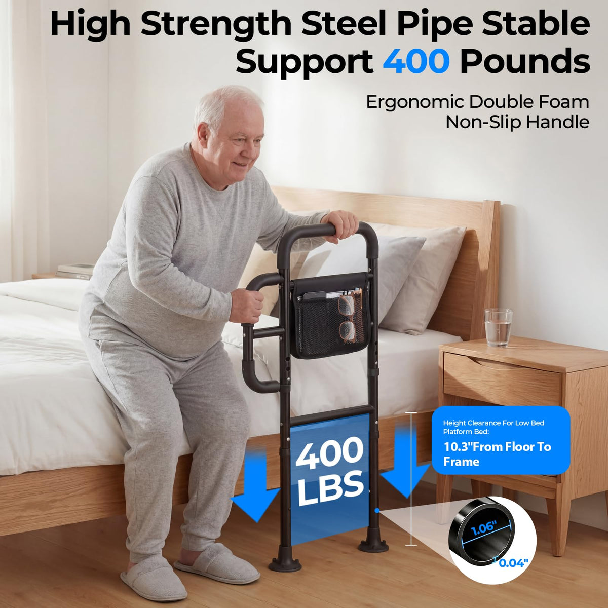 Bed Rails for Elderly Adults Safety, ASTM Tested 400 LBS Bed Assist Rail with Side Assist Handle, Ergonomic Foam Grip, Bed Cane for Seniors