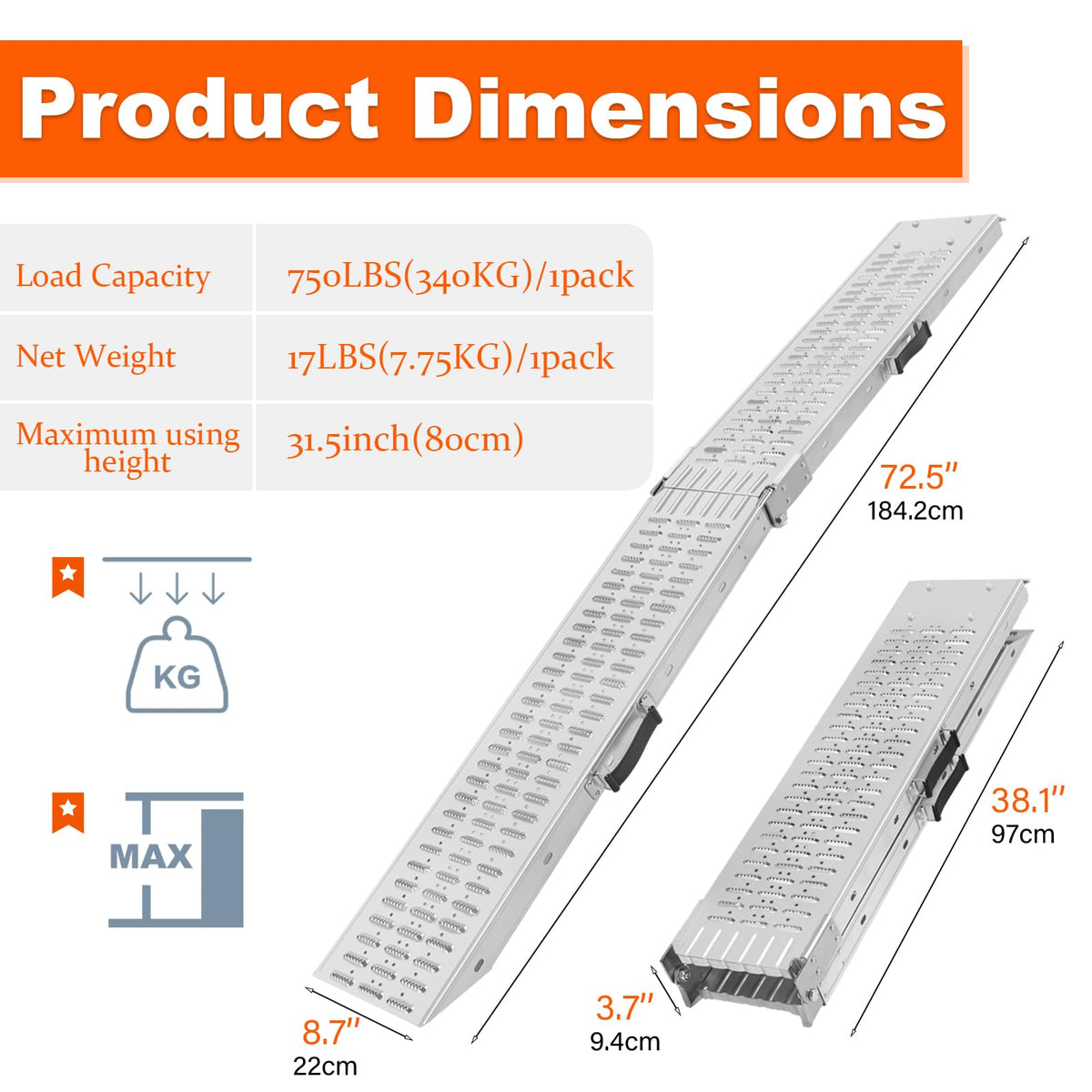 72.5" Heavy Duty Folding Loading Ramps, 1500lb Capacity, Ideal for Motorcycles, Lawn Mowers, ATVs, UTVs, and More – Pack of 2 with Safety Straps and