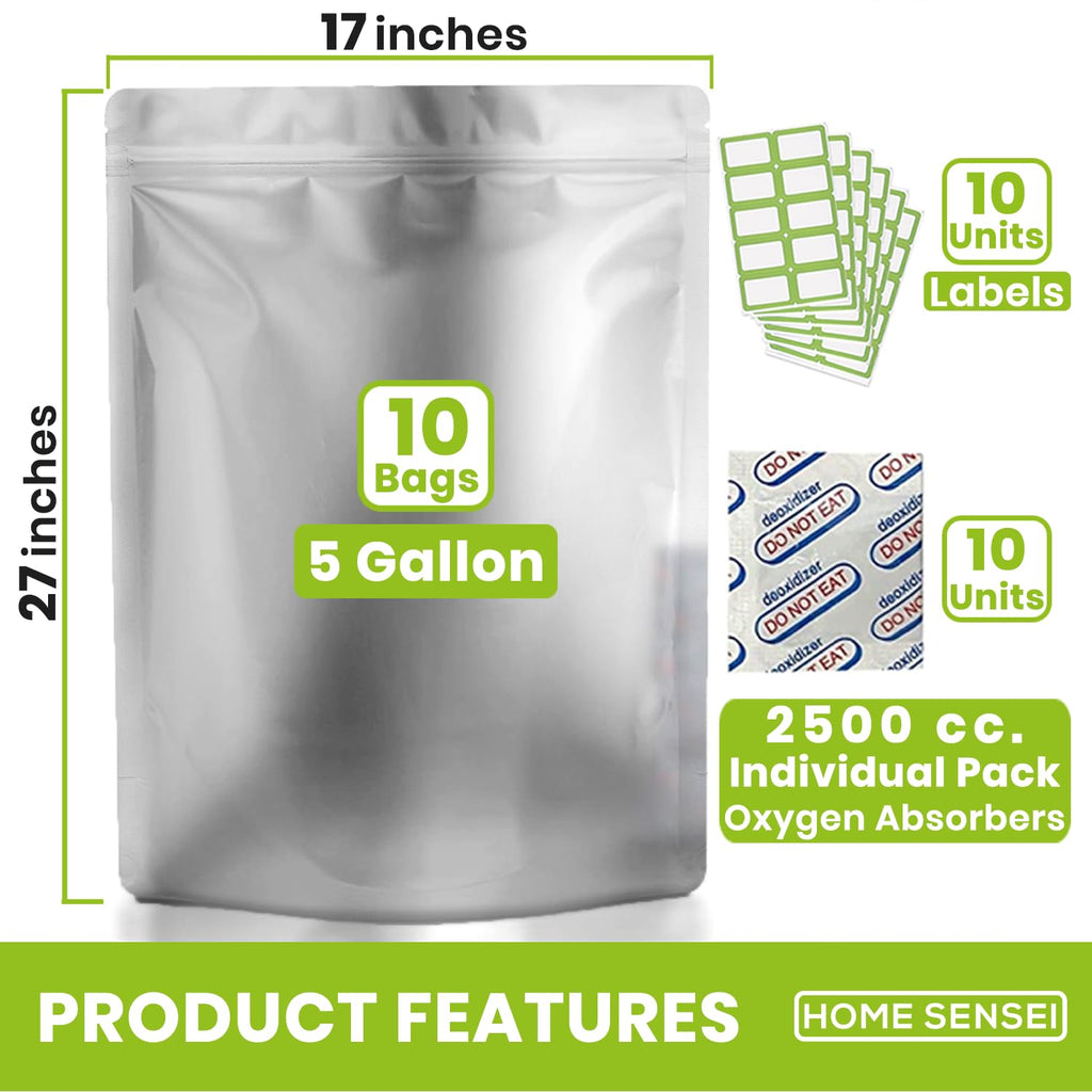 10pcs 5 Gallon Mylar Bags for Food Storage - 10 Mil Thick - Extra large bags 5 Gallon with Oxygen Absorbers 2500cc - Zipper Resealable Milar Bags