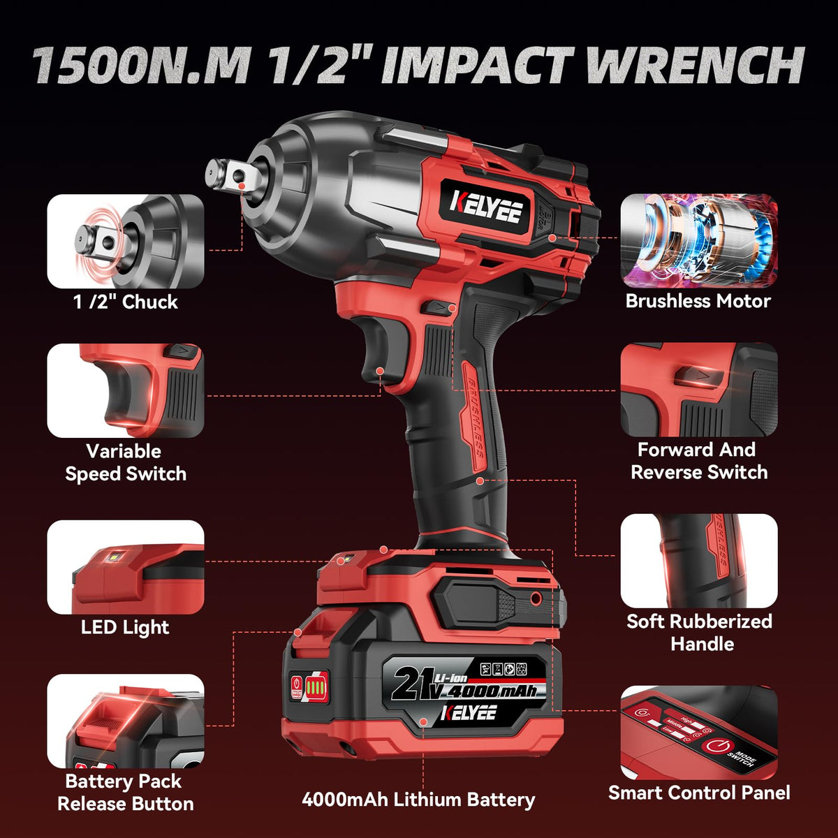 1/2" Cordless Impact Wrench 1107Ft-lbs(1500N.m) with 21V 2 Battery