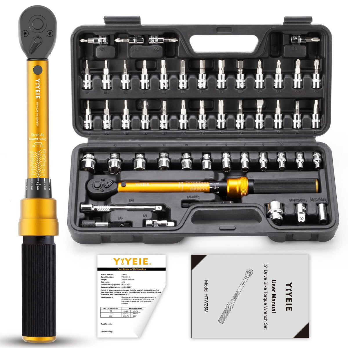50Pcs Master Bike Torque Wrench Set, 1/4 Inch Drive, 10-230 IN.LB (1-26.0 Nm), Inch Pound Click Torque Wrench with Bit Sockets, 0.1 Nm Micro, 3/8