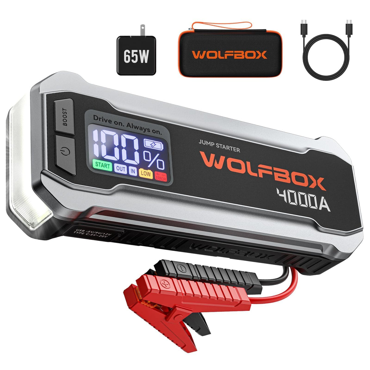 WOLFBOX 4000A &88.8Wh Battery Jumper Starter Portable(10L/10L),with Booster