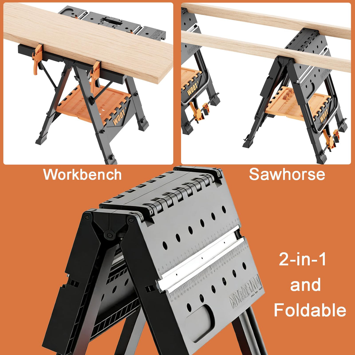 Portable Folding Work Bench Table 2-in-1 with 2 Clamps & 6 Bench Dogs