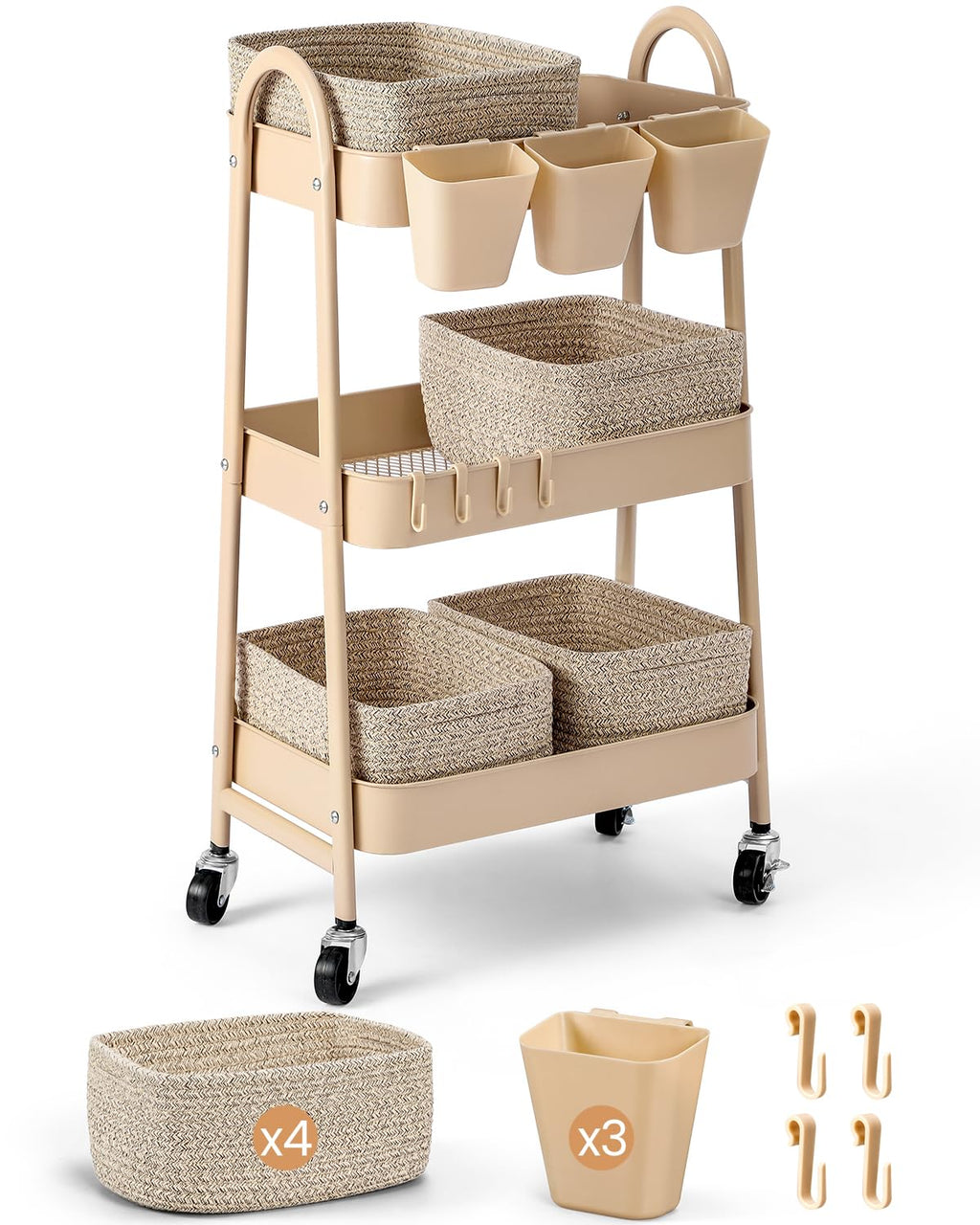 3-Tier Rolling Utility Cart with 4 Woven Baskets, Diaper Book Snack Cart, Storage Organizer for Nursery, Kitchen, Craft Room, Home SPA, Living Room