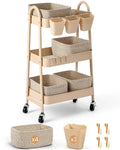 3-Tier Rolling Utility Cart with 4 Woven Baskets, Diaper Book Snack Cart, Storage Organizer for Nursery, Kitchen, Craft Room, Home SPA, Living Room