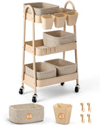 3-Tier Rolling Utility Cart with 4 Woven Baskets, Diaper Book Snack Cart, Storage Organizer for Nursery, Kitchen, Craft Room, Home SPA, Living Room