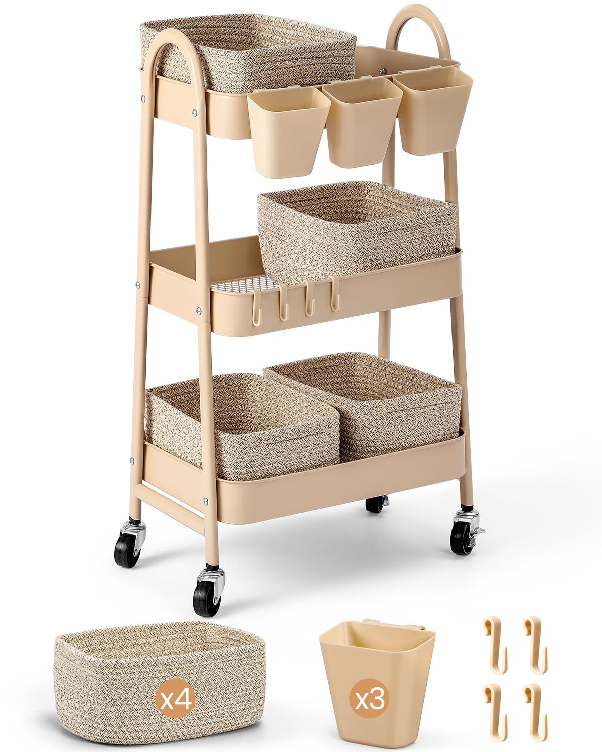 3-Tier Rolling Utility Cart with 4 Woven Baskets, Diaper Book Snack Cart, Storage Organizer for Nursery, Kitchen, Craft Room, Home SPA, Living Room