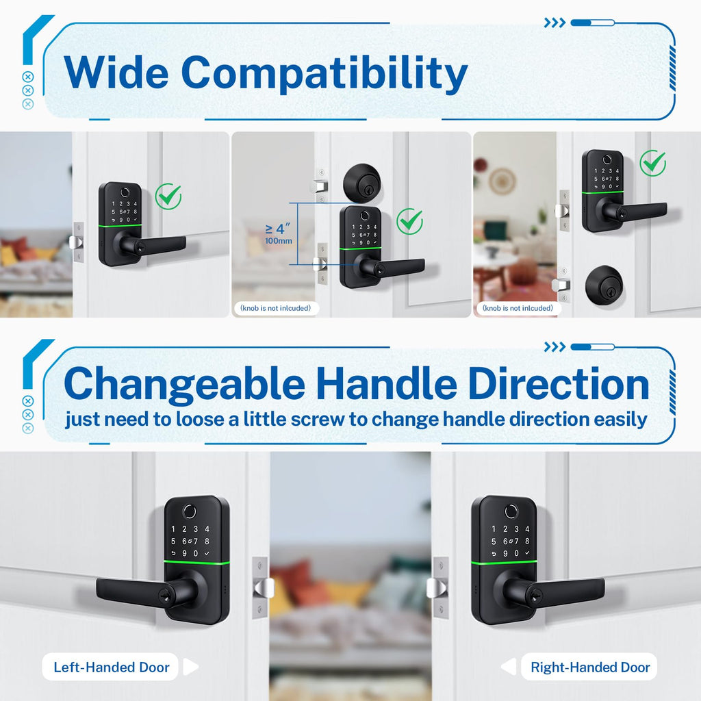 Keypad Smart Door Lock with Handle: Kucacci Keyless Entry Fingerprint Lock - Digital Code Handle with Keypad - Electronic Smart Knob for Front Door