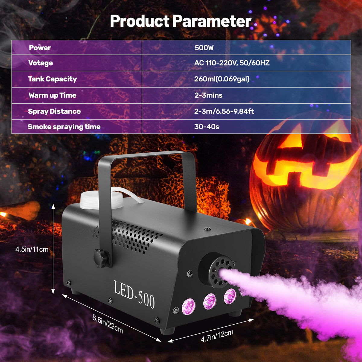 Fog Machine 500W with 14 Color RGB LED Lights and Auto Mode, 2000CFM Smoke Machine Fog with Wireless Remote Control for Parties Indoor Outdoor