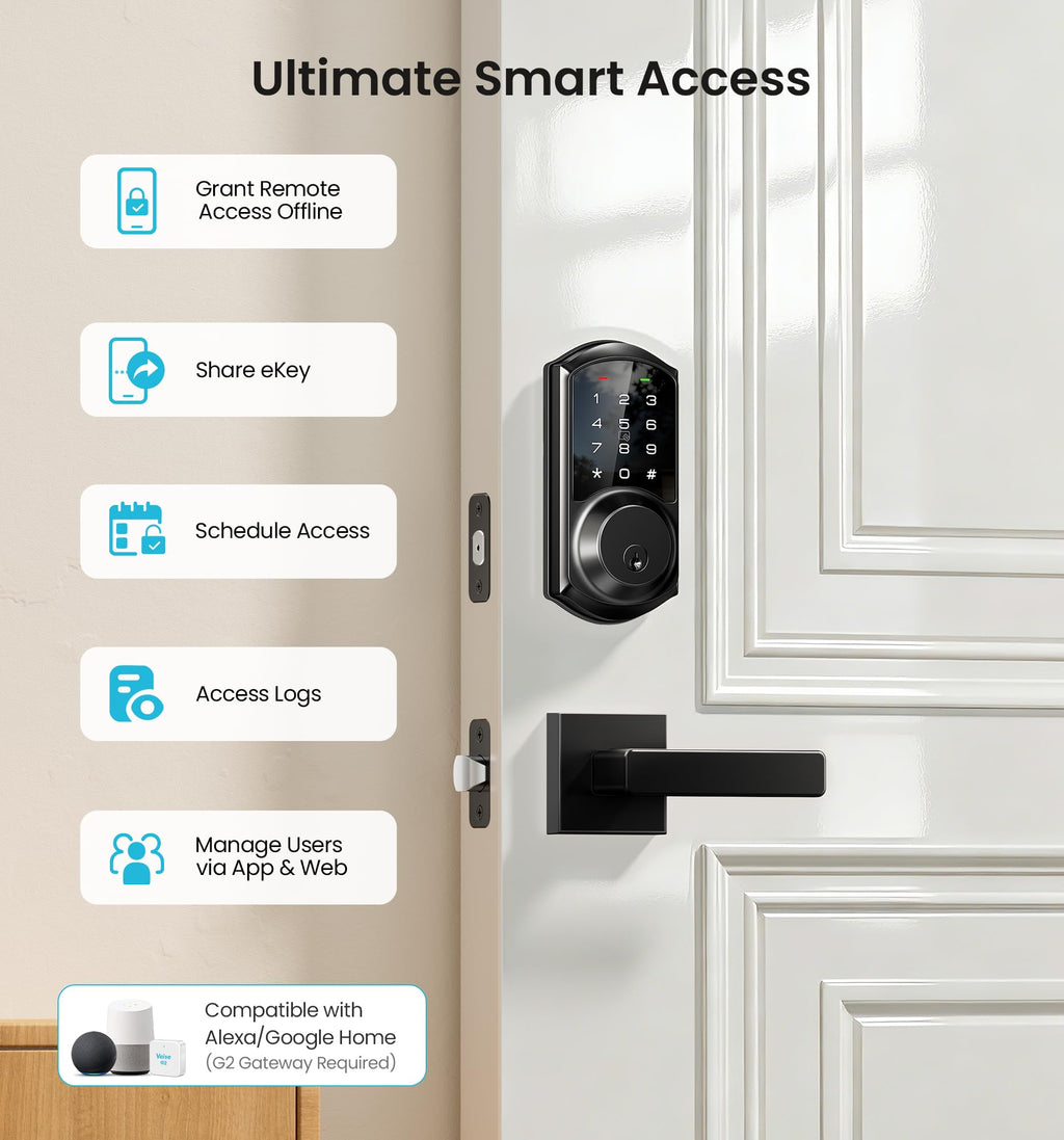 Veise VE06-L Smart Deadbolt Lock with 2 Lever Handle Set, Matte Black
