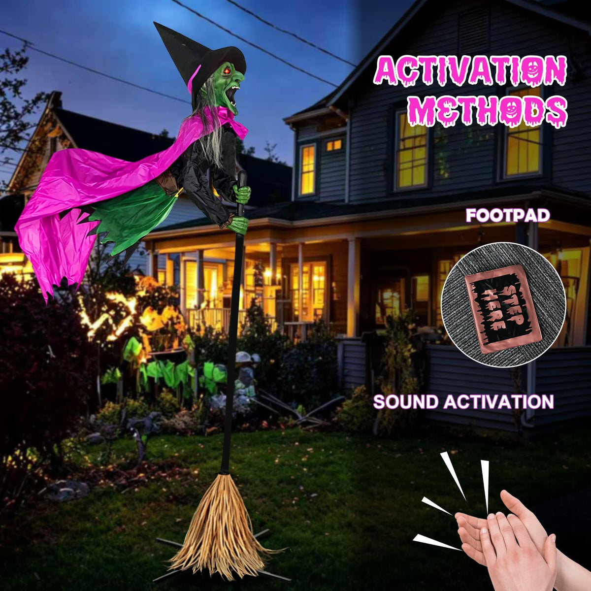 Halloween Decorations Outdoor – 10.5FT Animated Hovering Witch Animatronics with Sound & Footpad Activation – Spooky Flying Witch on Broom Decor for