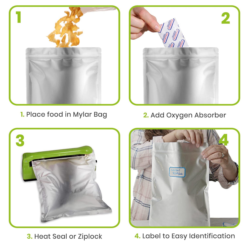 10pcs 5 Gallon Mylar Bags for Food Storage - 10 Mil Thick - Extra large bags 5 Gallon with Oxygen Absorbers 2500cc - Zipper Resealable Milar Bags
