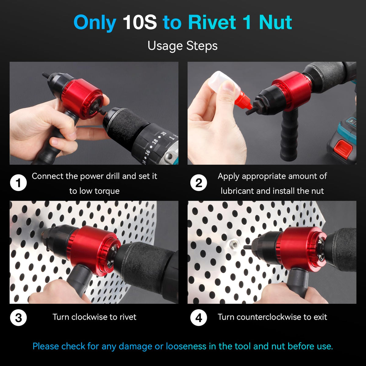 YUZES Rivet Nut Tool Kit for Drill & Ratchet, 10 Mandrels, 50 Rivet Nuts